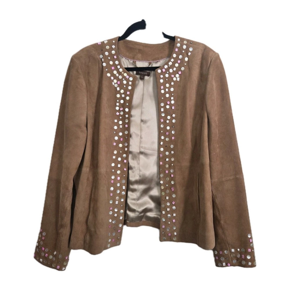 VTG Suede Leather Tan Jacket glass Bead Womens Sz XL Boho Western Aztec Art Deco
